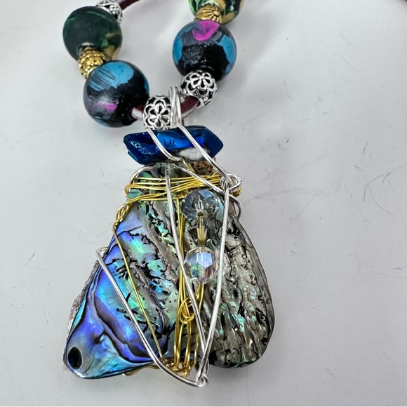 Handcrafted Abalone Shell Pendant Assemblage Art Mixed Media Necklace Leather - Picture 3 of 11